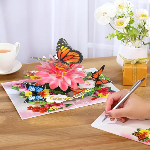 Miniatura 7 de Día de la Madre desplegable para mamá, mariposas te aman mamá, mariposa monarca 3D, hermosas flores, tarjeta de cumpleaños para madre, regalo ideal