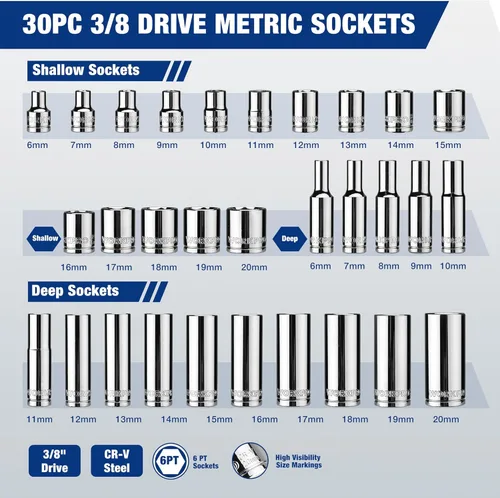 Miniatura 3 de WORKPRO 32 llaves métricas de 3/8 pulgadas y trinquete, incluyendo 30 enchufes métricos profundos y poco profundos, 0.236-0.787 in con organizador