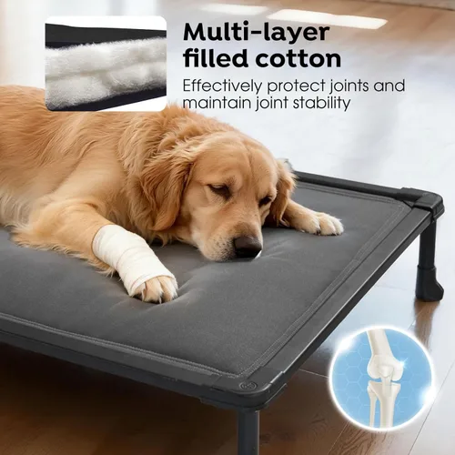 Miniatura 3 de Veehoo Cama elevada para perros a prueba de masticaciones, catre elevado duradero para mascotas con tapete impermeable relleno de algodón de Gris