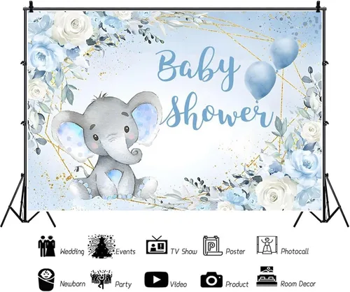 Miniatura 3 de Telón de fondo de elefante de 5 x 4 pies para baby shower, fondo de flores azules para fotografía, revelación de género, cartel de fiesta de niño