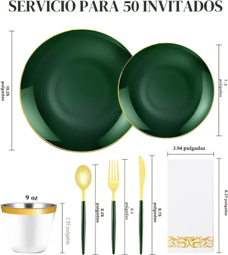 Miniatura 2 de Juego de vajilla de plástico de 350 piezas, platos desechables dorados para fiestas, incluye 100 platos verdes con 150 cubiertos de plástico, 50