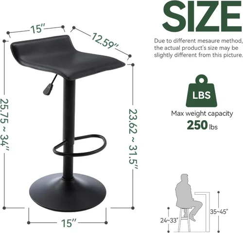 Miniatura 3 de Vogue Furniture Direct - Juego de 2 taburetes de bar ajustables, taburetes de bar giratorios de cuero sintético con elevación, silla de bar sin
