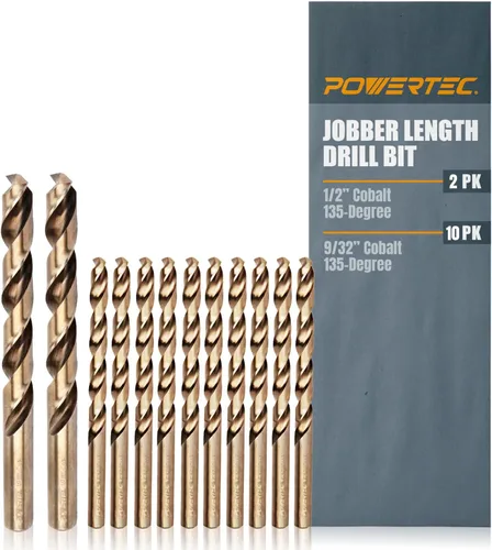 POWERTEC Brocas de cobalto de 1/2 pulgadas y 9/32 pulgadas, paquete de 12 brocas giratorias M35 HSS Jobber con punta de 135° para perforar madera,