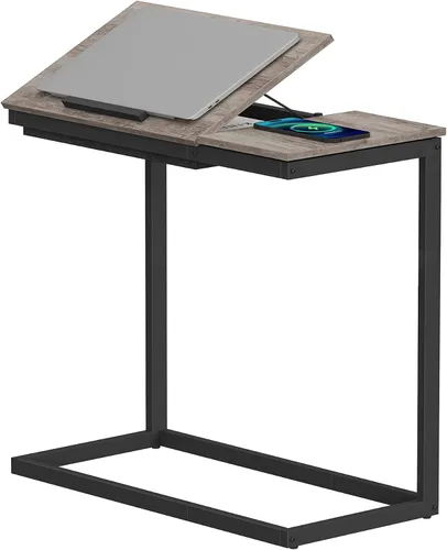 Miniatura 12 de TUTOTAK Mesa auxiliar en forma de C con estación de carga, mesa auxiliar inclinable para computadora portátil, mesa debajo del sofá para sala