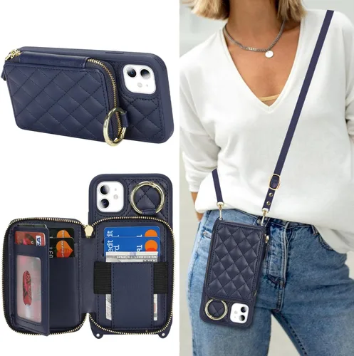 Funda Cartera Bandolera para iPhone 11, Cuero PU Cremallera Bolso Cartera Funda Plegable con Tapa, Funda Folio con Soporte con Ranuras para Tarjetas