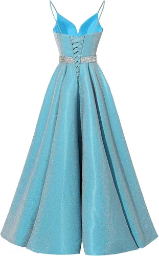 Miniatura 3 de Yexinbridal Vestido de fiesta con tirantes delgados con purpurina y cuentas largas de satén con cuello en V