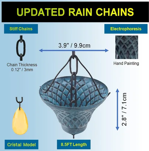 Miniatura 3 de [Actualizado] Cadenas de lluvia de hierro azul cielo (ambos lados) de 8.5 pies para canalón y barril de lluvia, cadena de lluvia chapada resistente