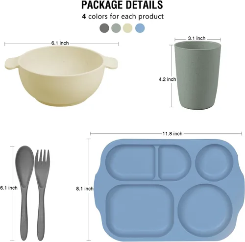 Miniatura 2 de shopwithgreen Juego de cubiertos de paja de trigo, 20 piezas de platos y cuencos divididos para niños pequeños, vajilla irrompible para microondas