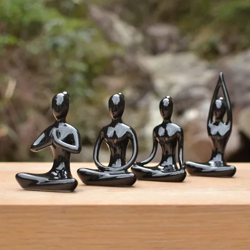 Miniatura 2 de OwMell Lote de 4 Figuras de Cerámica para Meditación y Yoga, Pose de Yoga, Figura Decorativa de Conjunto - Negro