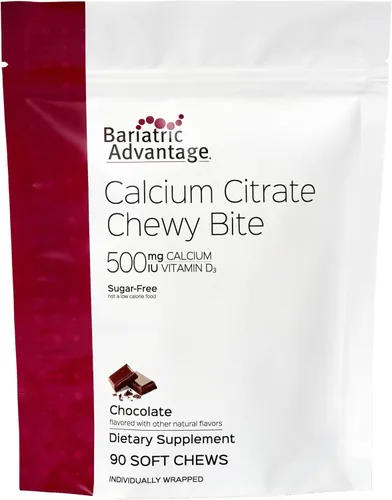 Bariatric Advantage Picaduras masticables de citrato de calcio 500 mg - Altamente absorbible y digerible - Vitamina D3 - Suplemento de calcio