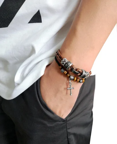 Miniatura 2 de Suyi brazalete ajustable con varias capas, de cuero tejido trenzado con cruz. Pulsera tipo esclava.