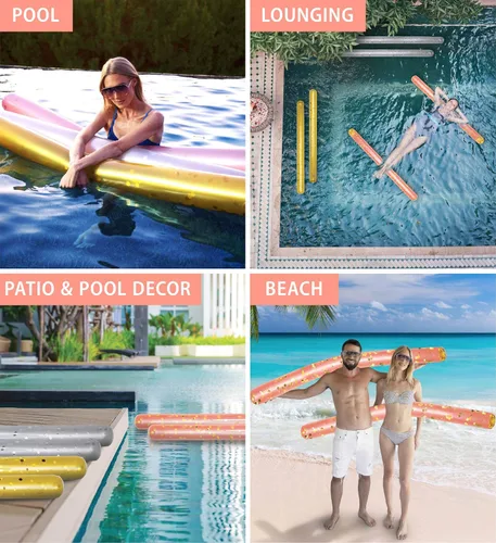 Miniatura 3 de POZA - Paquete de 2 flotadores inflables gigantes para piscina, lujosos fideos flotantes de agua gigantes de 74 pulgadas llenos de confeti Oro Rosa