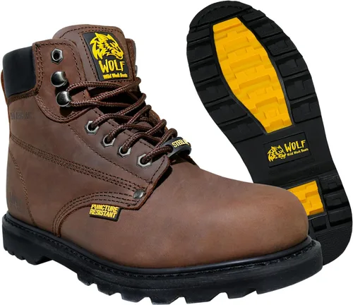 Wolf Work Boot | 100% Genuine Upper Leather | Oil Impact | Electrical Hazards | Non-Slip Rubber Sole | Tan Nubuck Plain Toe | Padded Collar |