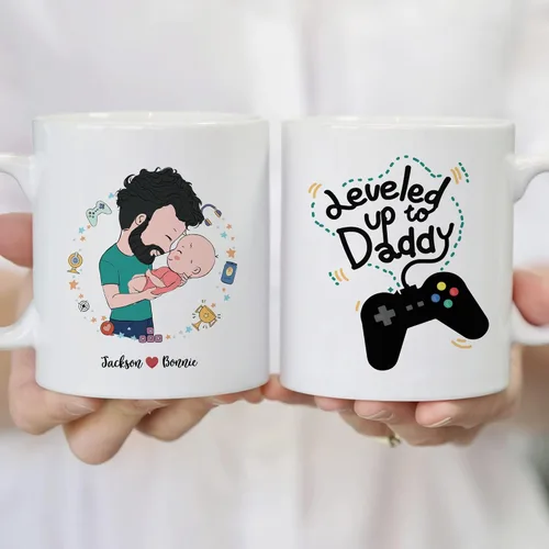 Miniatura 4 de Gossby Taza de café personalizada para el primer día del padre, Leveled Up to Daddy - Regalo personalizado para nuevo papá, regalo para papá por