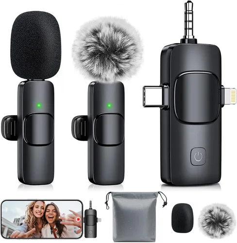 MENERESAS Mini micrófono 3 en 1 para iPhone: Micrófonos Lavalier inalámbricos para iOS/Android/Cámara - Micrófono de solapa con reducción de ruido,