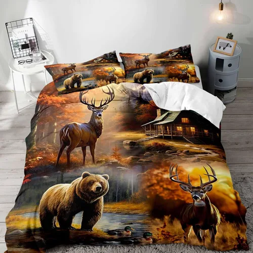 Miniatura 8 de LUVIVIHOME Juego de funda de edredón de 2 piezas, diseño de oso y alce, ciervo, ciervo, ropa de cama de cabaña, ropa de cama rústica de granja