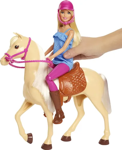 Miniatura 4 de Barbie Playset con muñeca rubia de moda en atuendo de montar y caballo castaño claro con silla, brida y riendas (exclusivo de Amazon)