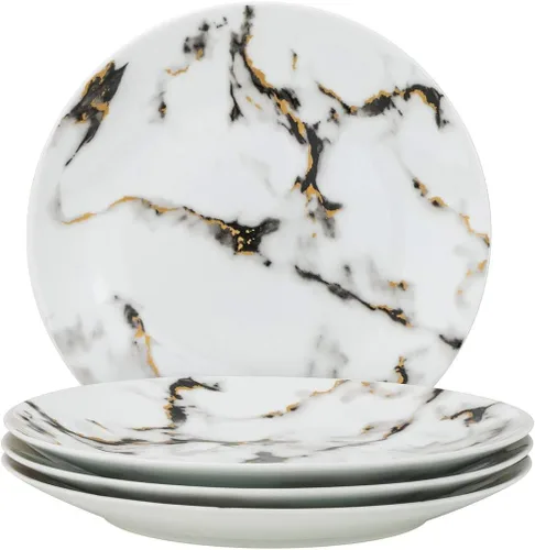 Miniatura 2 de Juego de comedor de mármol vajilla de porcelana fina con acento de placa de oro de 24 quilates - Servicio para 4