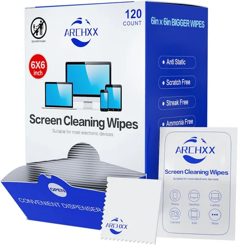 ARCHXX Toallitas de limpieza para pantallas de electrónica, 120 unidades de 15,2 cm x 15,2 cm, limpiador de pantalla prehumedecido para pantallas,
