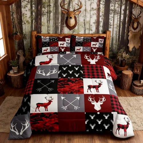 Miniatura 70 de Juego de edredón de cuernos de ciervo tamaño individual, juego de ropa de cama rústica de granja con huellas de oso y pinos para decoración