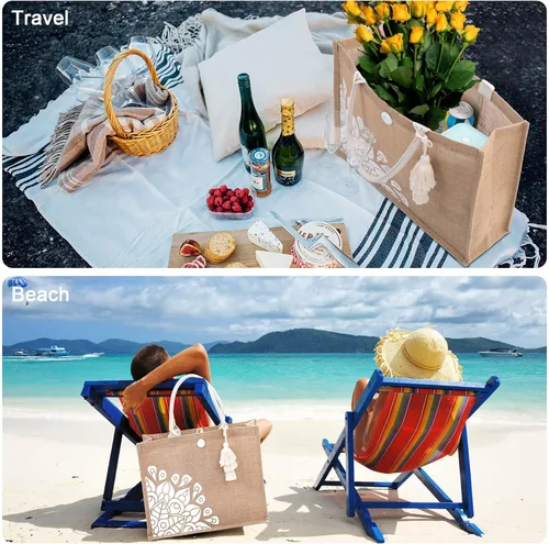 Miniatura 6 de itgowisa Bolsas de playa para mujer, lindas bolsas de yute reutilizables a la moda para playa, compras, viajes, regalo (grande y pequeña)