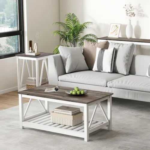 Miniatura 7 de Mesa de café de granja, mesa de café de roble blanco para sala de estar, mesa de centro rectangular de madera de 2 niveles con estante de listones