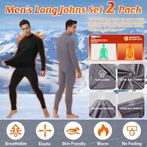 Miniatura 3 de CL convallaria 2 Pack Thermal Underwear for Men - Warm Fleece Lined Long Johns - Winter Gear Base Layer Tops & Bottoms Set