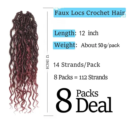 Miniatura 2 de Goddess Locs - 8 paquetes de cabello sintético de ganchillo de 12 pulgadas, trenzas de ganchillo preenlazadas, cabello bohemio de ganchillo
