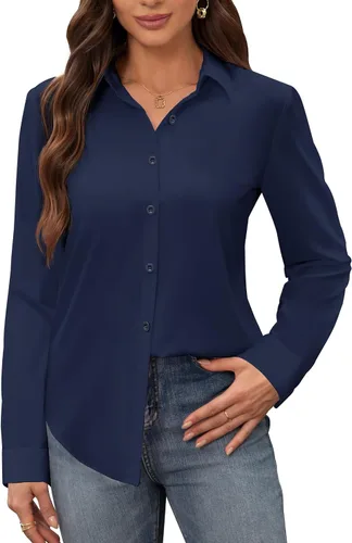 Miniatura 23 de Siliteelon - Camisas de vestir para mujer, a prueba de manchas, sin arrugas, de manga larga, sólidas, para trabajo y negocios, con botones