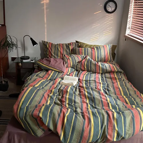 Miniatura 3 de mixinni Juego de funda de edredón vintage a rayas, tamaño twin, juego de ropa de cama de 3 piezas, 100% algodón lavado, suave y transpirable, funda