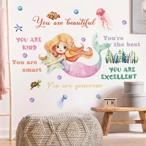 Miniatura 3 de WAFT YEARN Vinilo extraíble con diseño de sirenas y medusas subacuáticas de animales del océano, decoración de pared para guardería, escuela, aula