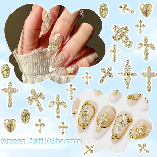 Miniatura 5 de 110 dijes de uñas de cruz dorada, dijes de gemas de uñas de cruces doradas, 11 estilos Y2K de aleación de cruz dorada brillante para suministros