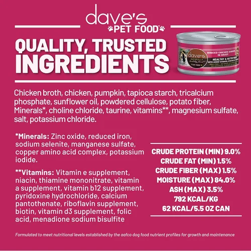 Miniatura 6 de Dave's Pet Food Grain Free Wet Cat Food (Minced Chicken in Gravy), Naturally Healthy Canned, Added Vitamins & Minerals, Wheat, Gluten & GMO-Free