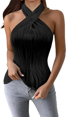 Miniatura 4 de SOFIA'S CHOICE Camiseta sin mangas sexy con cuello halter para mujer, con textura cruzada