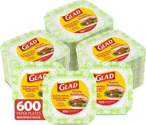 Miniatura 18 de Glad Platos cuadrados de papel desechables, patrón victoriano verde, fuertes, resistentes, a prueba de remojo y aptos para microondas para cena