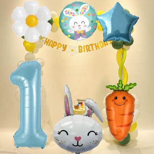 Miniatura 5 de Globos de conejo de aluminio número 1, globos redondos de conejo zanahoria, margarita, estrella azul para decoraciones de cumpleaños de conejo