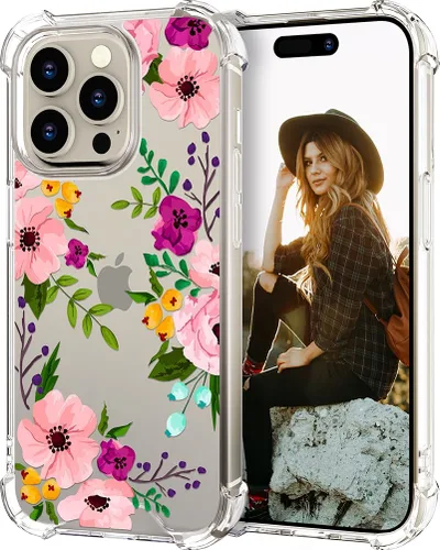 Miniatura 62 de Hungo Funda compatible con iPhone 15 Plus para mujer, diseño floral transparente, lindo, flor azul rosa Rosas Azules