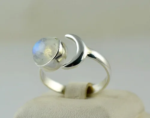 Miniatura 6 de Navya Craft Anillo de plata de ley 925 con piedra lunar y luna creciente, ajustable, para mujer, piedra lunar arcoíris natural, joyería hecha a