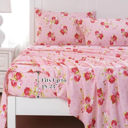 Miniatura 45 de MEISHANG Juego de sábanas tamaño individual, sábanas florales ultrasuaves de microfibra cepillada, sábanas florales de 1800 hilos con certificación