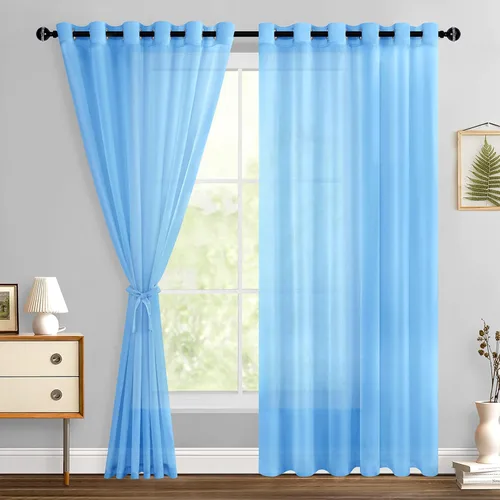 Miniatura 185 de Hiasan - Cortinas traslúcidas de gasa cortas semitransparentes con ojales y alzapaños filtrantes de luz para ventana, dormitorio, baño, 2 paneles
