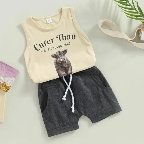 Miniatura 2 de Gueuusu Ropa de bebé occidental para niño, camiseta sin mangas con estampado de vaca de las tierras altas para niños pequeños, conjunto