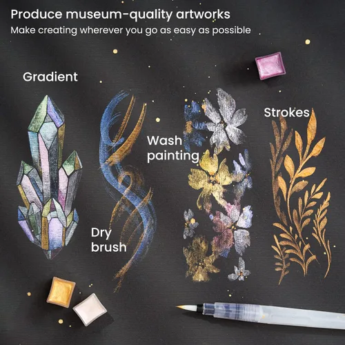 Miniatura 6 de ARTEZA Juego de Pintura de Acuarela Metálica de 24 Colores, Acuarelas Brillantes en Medias Pastillas con Pincel de Agua y Caja de Hojalata, Pinturas