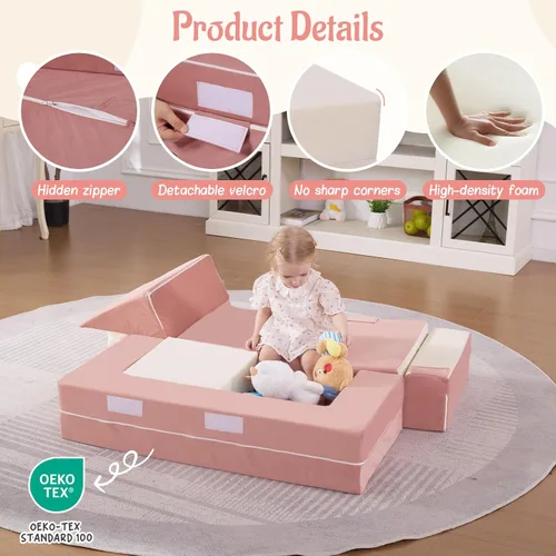 Miniatura 6 de Bloques de escalada de espuma para niños pequeños Sofá modular para niños con 2 otomanas en interiores, juego plegable suave para gatear