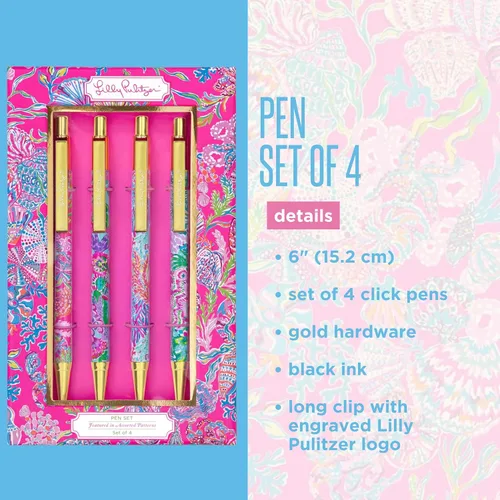 Miniatura 3 de Lilly Pulitzer Juego de 4 bolígrafos de tinta negra, bolígrafos retráctiles para el hogar u oficina, bolígrafos de plástico coloridos, Shell Me
