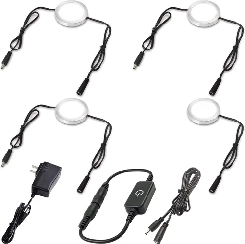 Iluminación debajo del gabinete, kit de luces LED regulables táctiles con adaptador de corriente de 120 V a 12 V CC, lámparas enlazables para luz