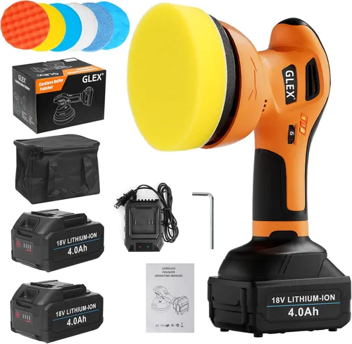GLEX Pulidora eléctrica inalámbrica para automóvil, kit de pulidora de cera de 6 pulgadas, batería de 18V 4.0AH*2, velocidad variable de 6