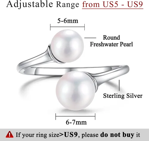 Miniatura 2 de Anillo de 2 perlas de plata de ley con perlas dobles para mujer, anillos de piedra natal de junio ajustable 925 para adolescentes y niñas con piedra