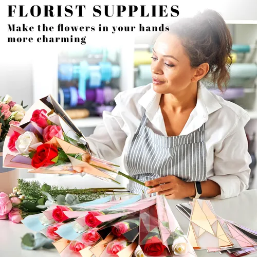 Miniatura 7 de Geyee 300 bolsas de envoltura de una sola flor con manga de rosa, bolsa de celofán floral de plástico impermeable para suministros de bar floral