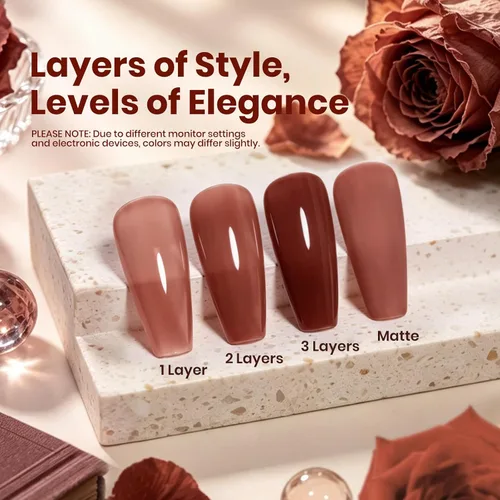 Miniatura 3 de Beetles - Esmalte de uñas de gel marrón y rojo – Esmalte de uñas en gel rosa ladrillo de 0.5 onzas líquidas, esmalte de uñas translúcido color caoba
