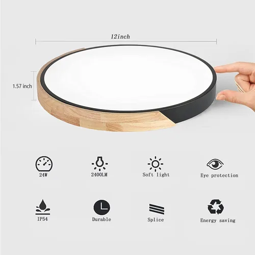 Miniatura 3 de Lámpara de techo LED de madera de montaje empotrado, 3CCT 3000K-6500K moderna negra cerca de las luminarias del techo, lámpara de techo redonda